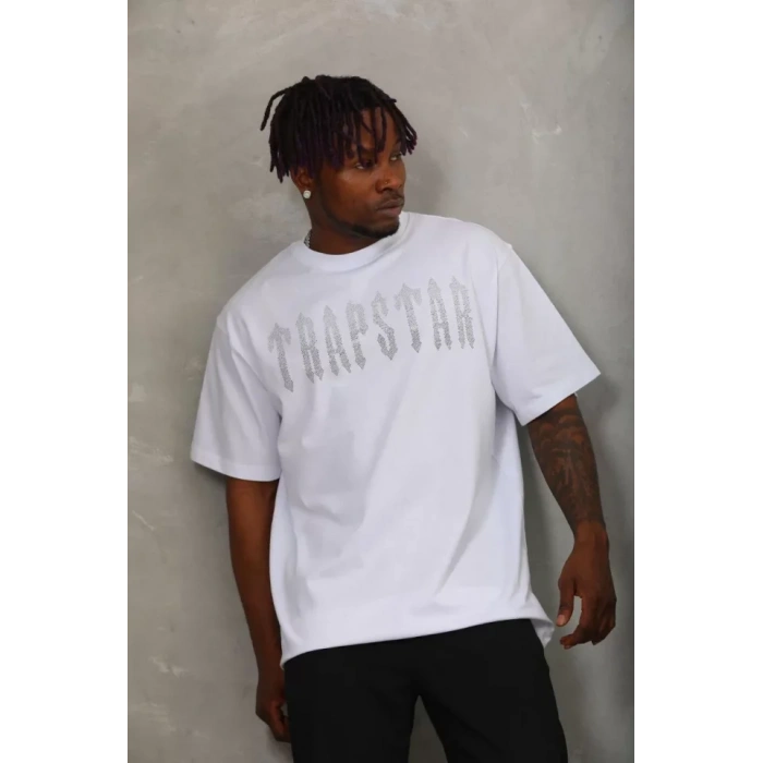 MDB Unisex Oversize Taşlı Bisiklet Yaka Thirt  Beyaz