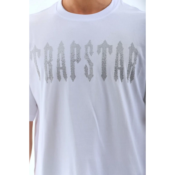 MDB Unisex Oversize Taşlı Bisiklet Yaka Thirt  Beyaz