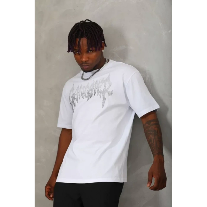 MDB Unisex Oversize Taşlı Bisiklet Yaka Thirt  Beyaz