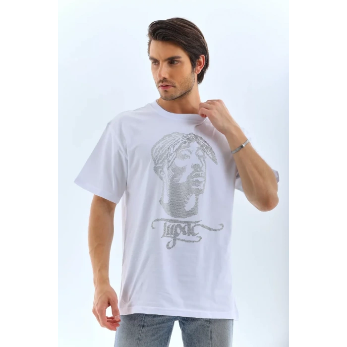 MDB Unisex Oversize Taşlı Bisiklet Yaka Thirt  Beyaz