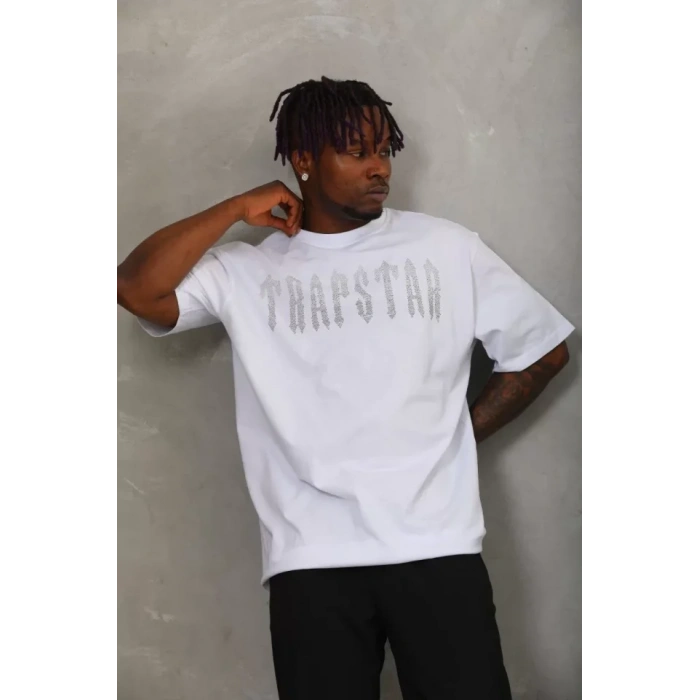 MDB Unisex Oversize Taşlı Bisiklet Yaka Thirt  Beyaz