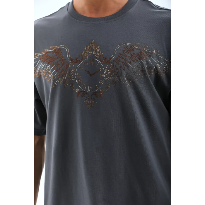 MDB Unisex Oversize Taşlı Bisiklet Yaka Thirt  Füme