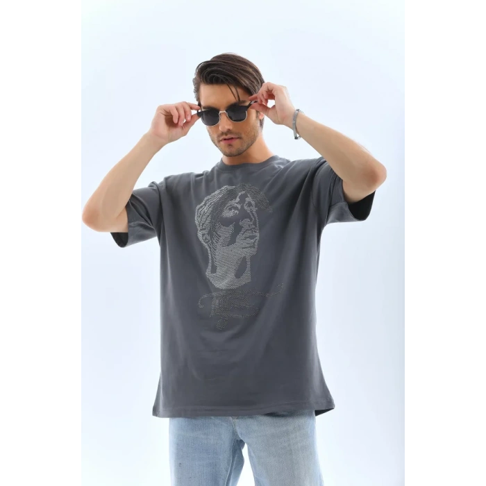 MDB Unisex Oversize Taşlı Bisiklet Yaka Thirt  Füme