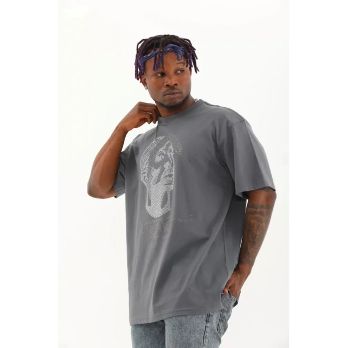 MDB Unisex Oversize Taşlı Bisiklet Yaka Thirt  Füme