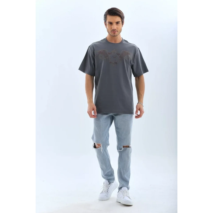 MDB Unisex Oversize Taşlı Bisiklet Yaka Thirt  Füme