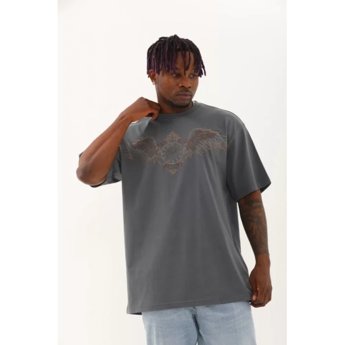 MDB Unisex Oversize Taşlı Bisiklet Yaka Thirt  Füme