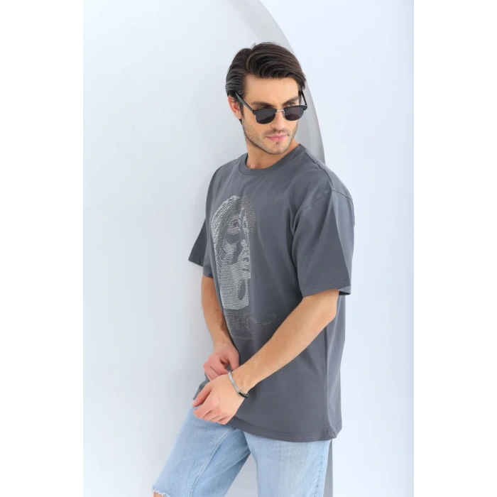 MDB Unisex Oversize Taşlı Bisiklet Yaka Thirt  Füme