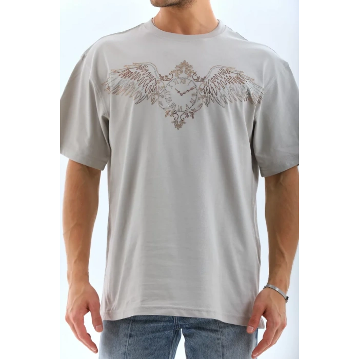 MDB Unisex Oversize Taşlı Bisiklet Yaka Thirt  Gri