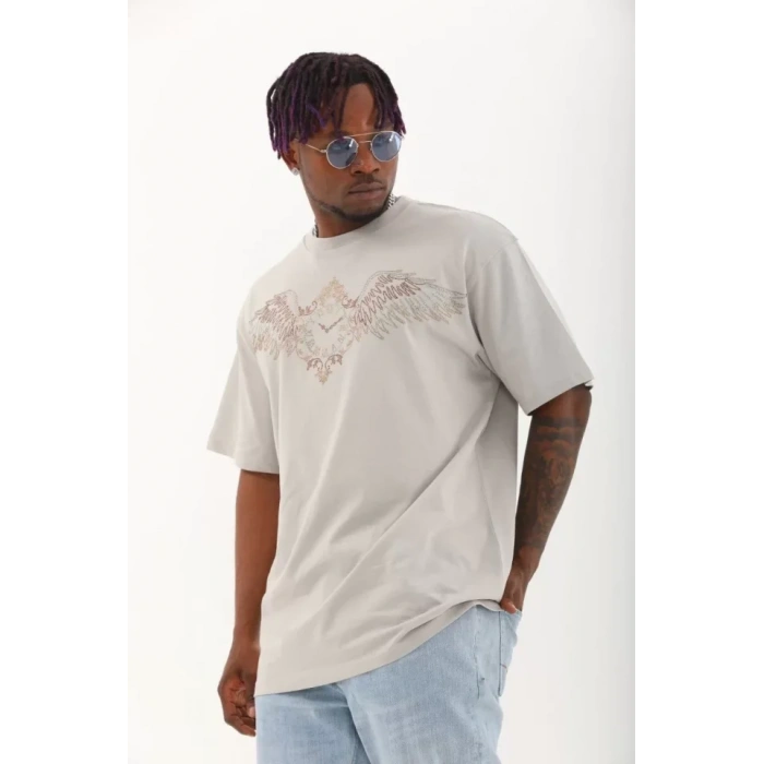 MDB Unisex Oversize Taşlı Bisiklet Yaka Thirt  Gri