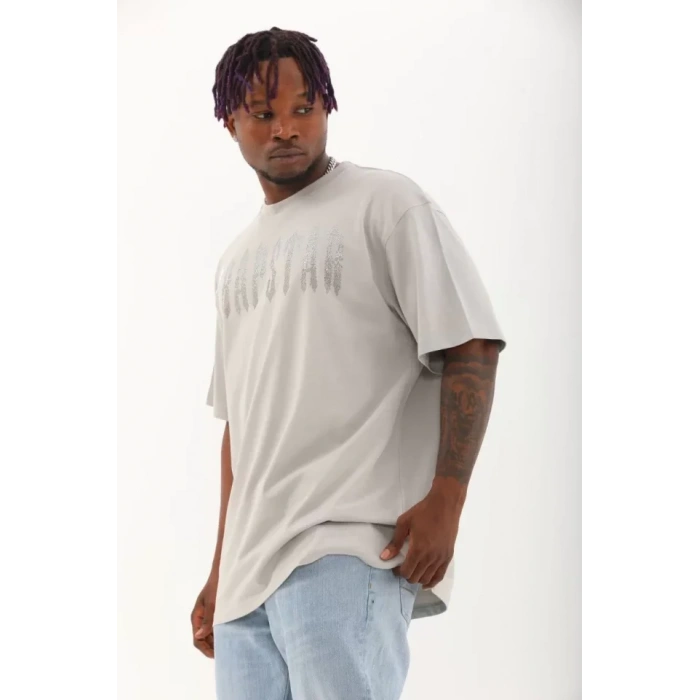 MDB Unisex Oversize Taşlı Bisiklet Yaka Thirt  Gri