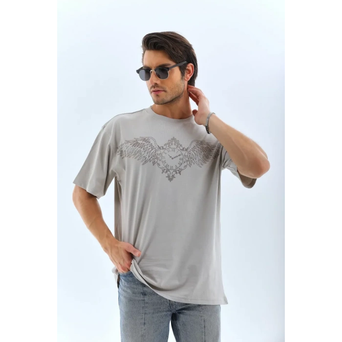 MDB Unisex Oversize Taşlı Bisiklet Yaka Thirt  Gri