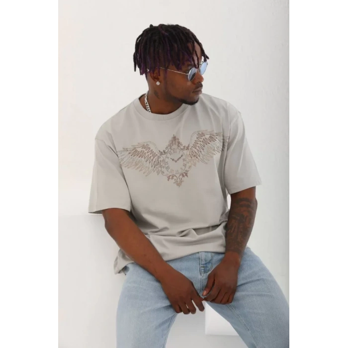 MDB Unisex Oversize Taşlı Bisiklet Yaka Thirt  Gri