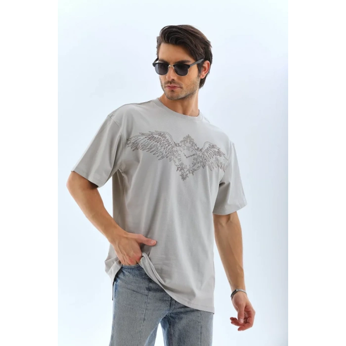 MDB Unisex Oversize Taşlı Bisiklet Yaka Thirt  Gri