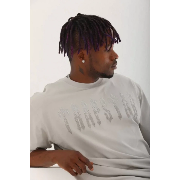 MDB Unisex Oversize Taşlı Bisiklet Yaka Thirt  Gri