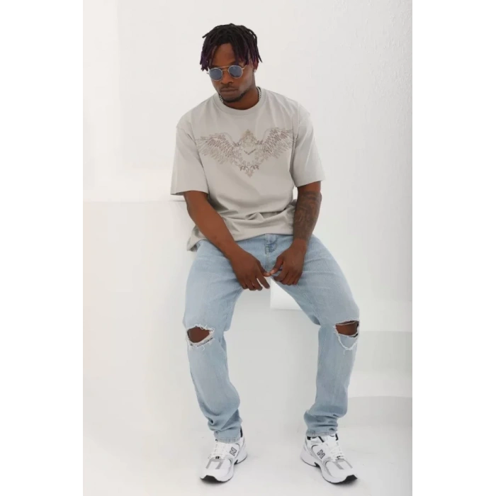 MDB Unisex Oversize Taşlı Bisiklet Yaka Thirt  Gri