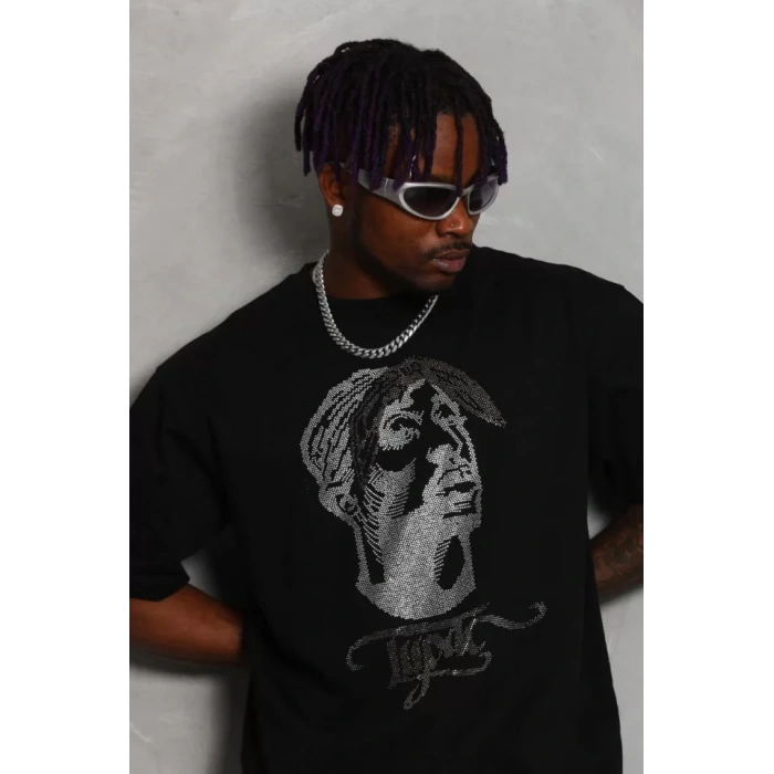 MDB Unisex Oversize Taşlı Bisiklet Yaka Thirt  iyah