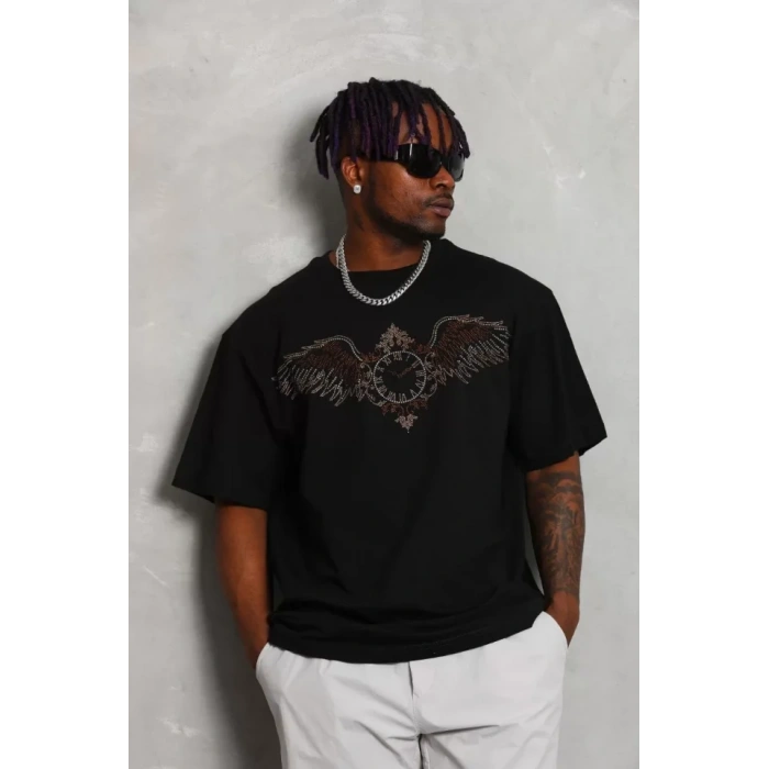 MDB Unisex Oversize Taşlı Bisiklet Yaka Thirt  iyah