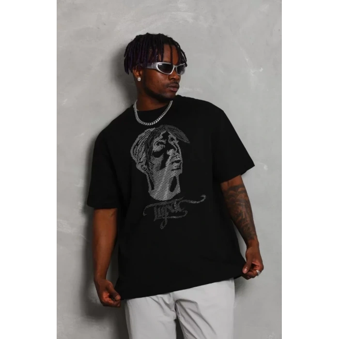 MDB Unisex Oversize Taşlı Bisiklet Yaka Thirt  iyah