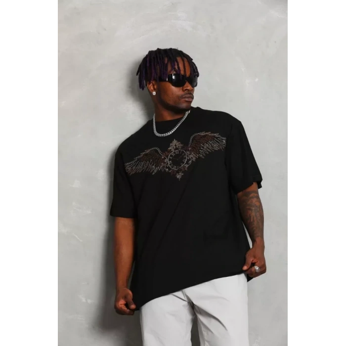 MDB Unisex Oversize Taşlı Bisiklet Yaka Thirt  iyah