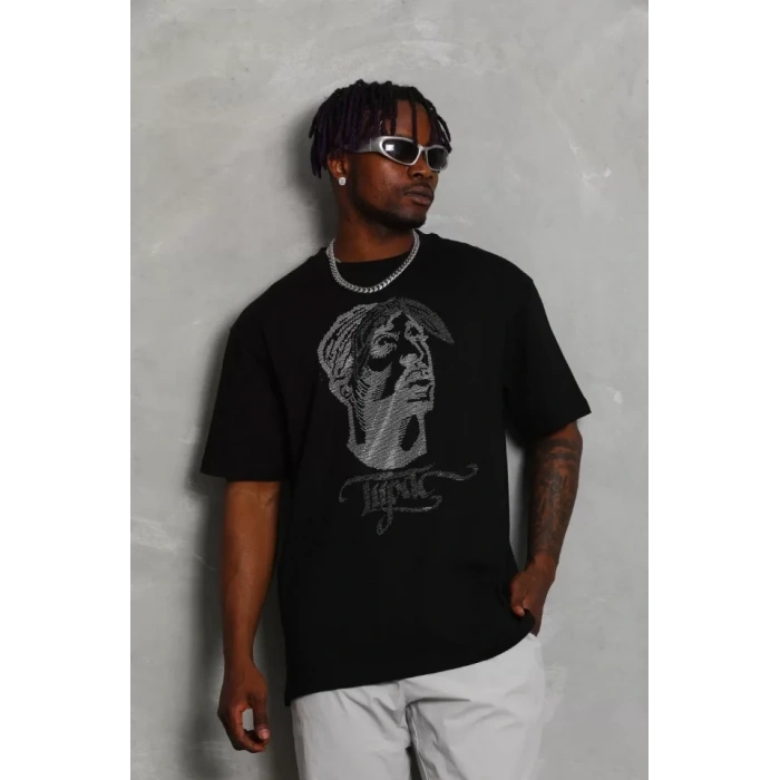 MDB Unisex Oversize Taşlı Bisiklet Yaka Thirt  iyah