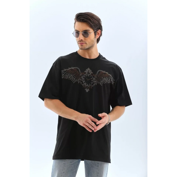 MDB Unisex Oversize Taşlı Bisiklet Yaka Thirt  iyah