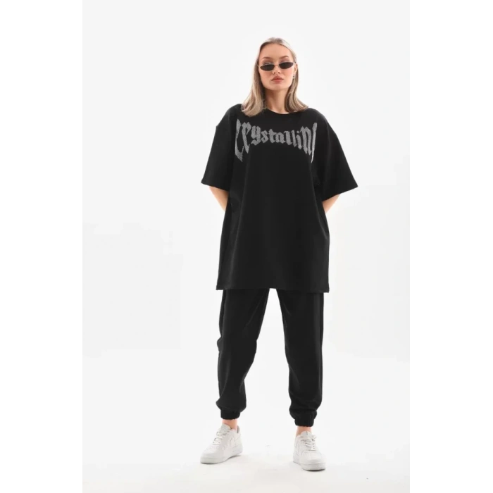 MDB Unisex Taş Desenli Oversize Thirt  Beyaz