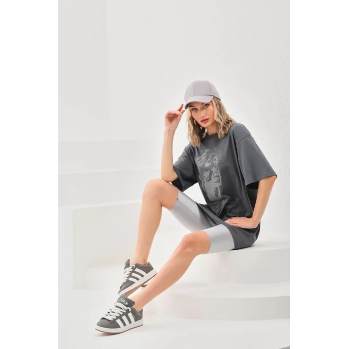 MDB Unisex Taş Desenli Oversize Thirt  Füme