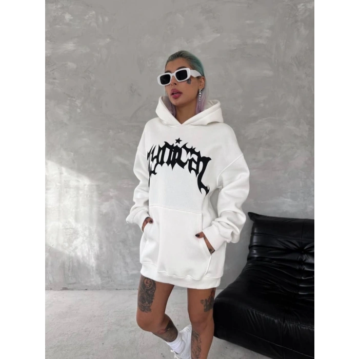 MDB Unisex Üç İplik Kapşonlu Baskılı weathirt  Beyaz