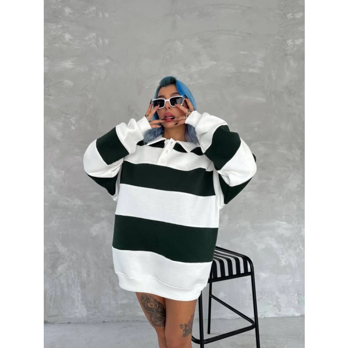 MDB Unisex Üç İplik Parçalı Yakalı weathirt  Yeşil