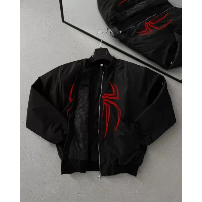 MDB Unisex Uzun Kol Örümcek Baskılı Bomber Ceket  iyah