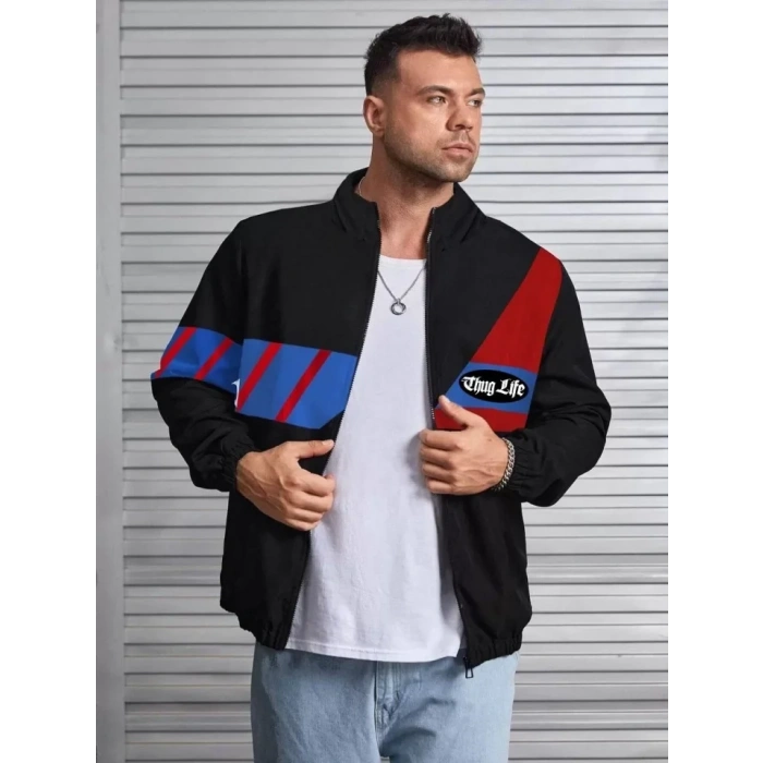 MDB Unisex Uzun Koll Fermuarlı Baskılı Rüzgarlik  iyah