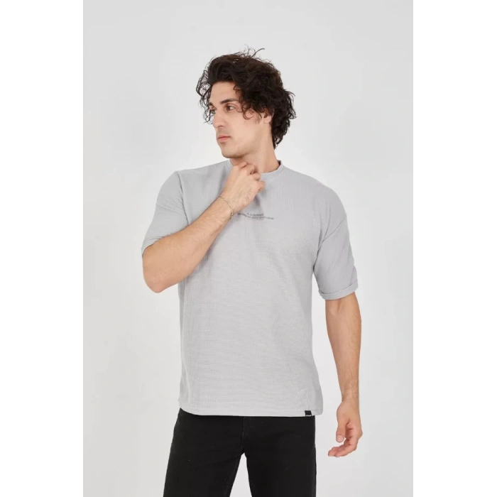 MDB Unisex Waffle Kumaş Rahat Kol Thirt  Boyalı Gri