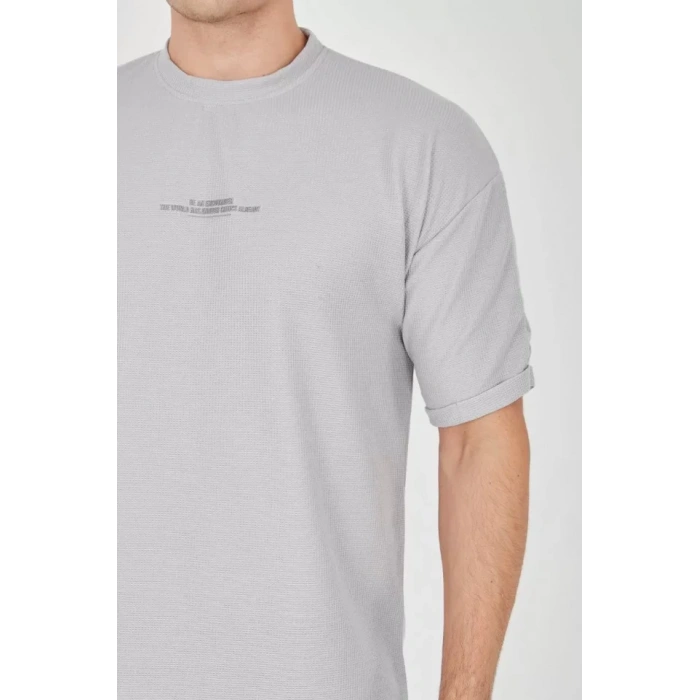 MDB Unisex Waffle Kumaş Rahat Kol Thirt  Boyalı Gri