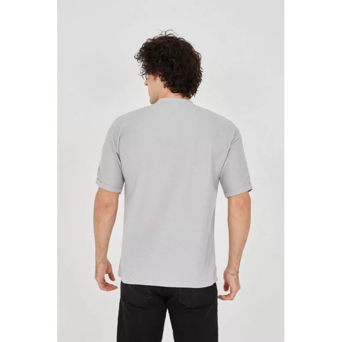 MDB Unisex Waffle Kumaş Rahat Kol Thirt  Boyalı Gri