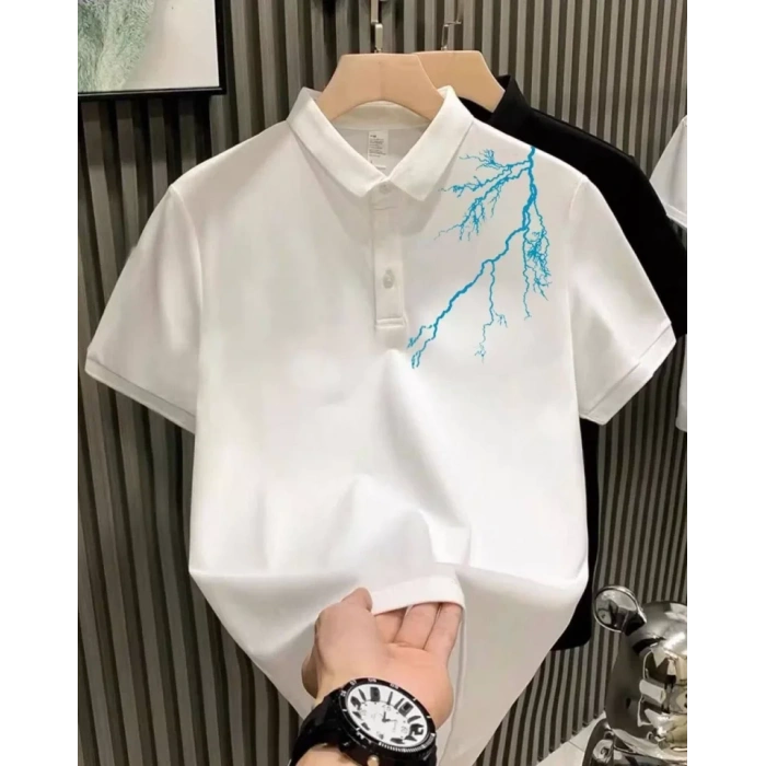 MDB Unisex Yakası Düğmeli Oversize Baskılı Thirt  Beyaz