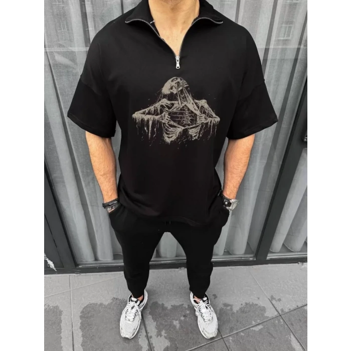 MDB Unisex Yarım Fermuarlı Baskılı Oversize Thirt  iyah