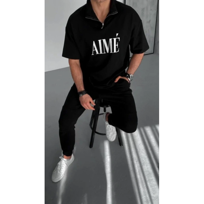 MDB Unisex Yarım Fermuarlı Baskılı Thirt  iyah