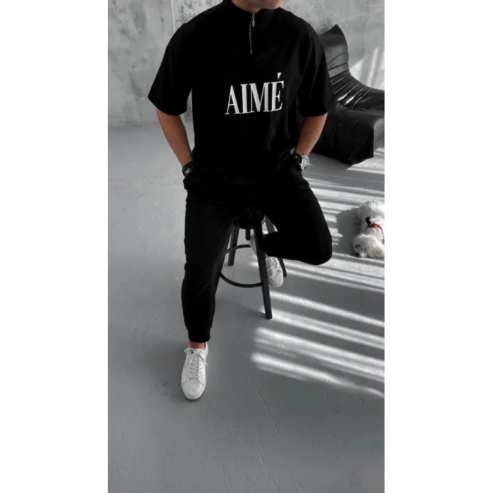 MDB Unisex Yarım Fermuarlı Baskılı Thirt  iyah