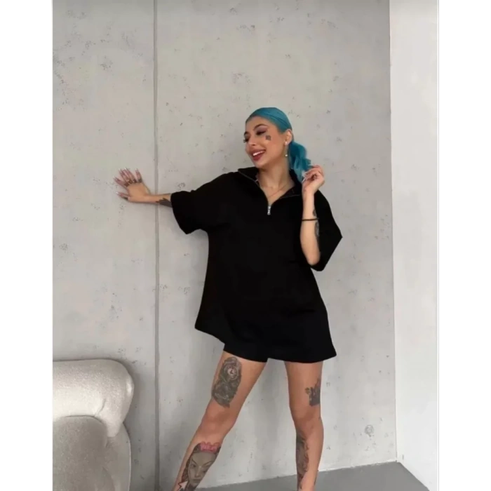 MDB Unisex Yarım Fermuarlı Düz Oversize Thirt  iyah