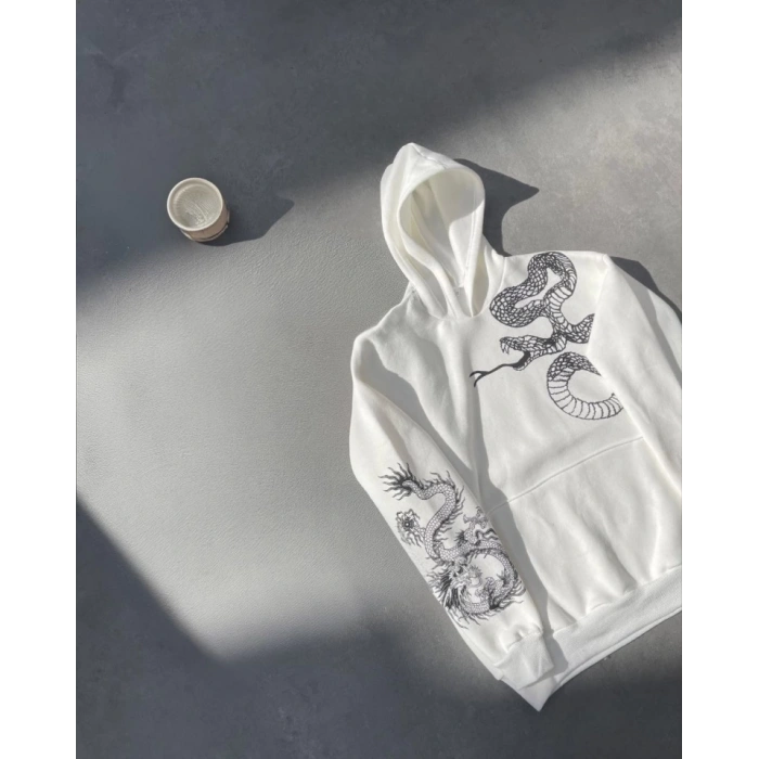 MDB Uzun Kol Kapşonlu Baskılı weathirt  Beyaz