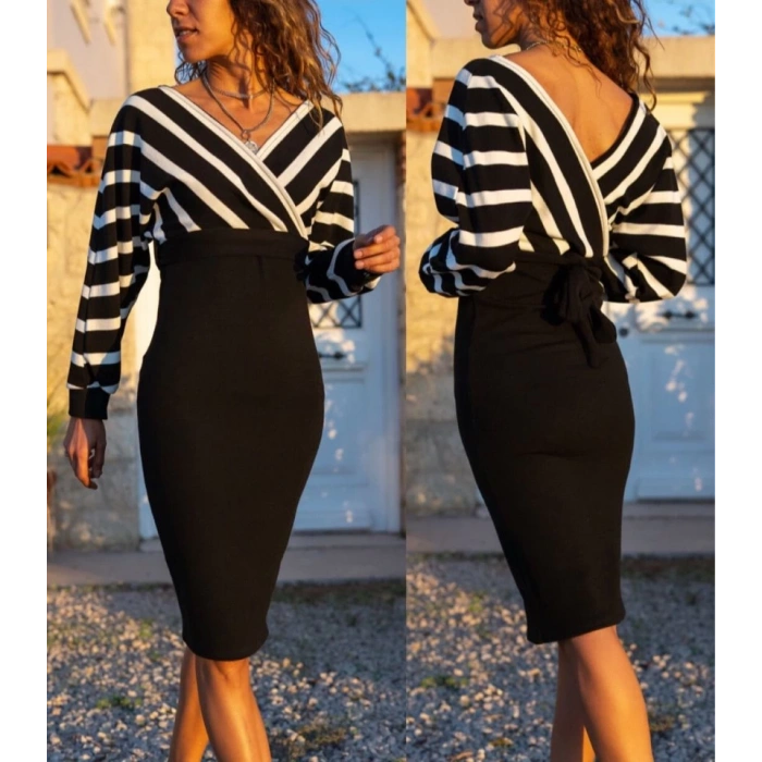 MDB Uzun Kollu Kruvaze Yaka çizgi Desenli Kısa Triko Elbise