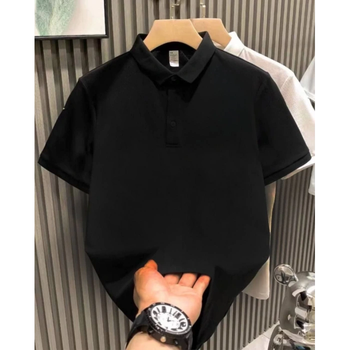 MDB Yakası Düğmeli Yakalı Pike Düz TShirt  Siyah