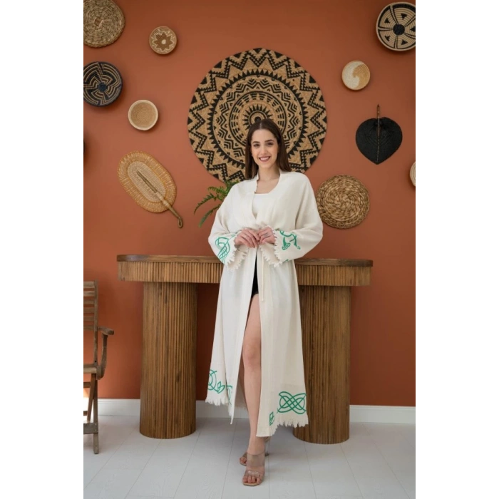 MDB Yeşil Baskı Detay Keten Hırka