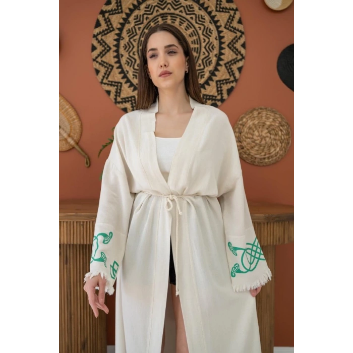 MDB Yeşil Baskı Detay Keten Hırka