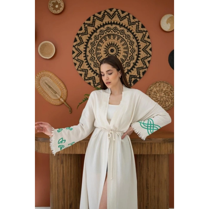 MDB Yeşil Baskı Detay Keten Hırka