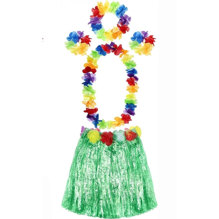 MDB YETIŞKIN VE ÇOCUK UYUMLU LUAU ALOHA HAWAII YEŞIL ETEK VE RENKLI KOLYE TAÇ 2 ADET BILEKLIK SETI