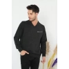 MDB Baskılı V Yaka Uzun Kol Dokuma Triko  Füme