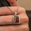 Gümüş Kırmızı Taşlı Dikdörtgen Kadın Kolye