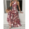 MDB Kadın Halter Yakalı Omuzlardan Açık Kuşaklı Maksi Boy Desenli Süprem Elbise