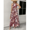 MDB Kadın Halter Yakalı Omuzlardan Açık Kuşaklı Maksi Boy Desenli Süprem Elbise